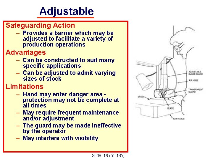 Adjustable Safeguarding Action – Provides a barrier which may be adjusted to facilitate a