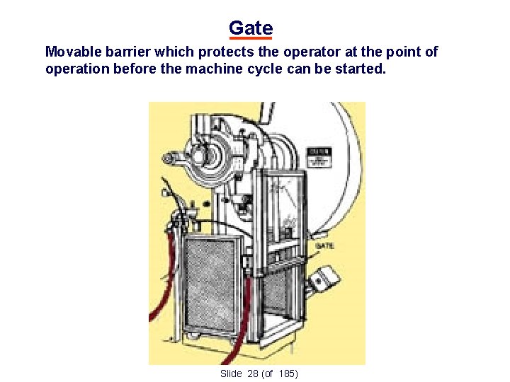 Gate • Movable barrier which protects the operator at the point of operation before
