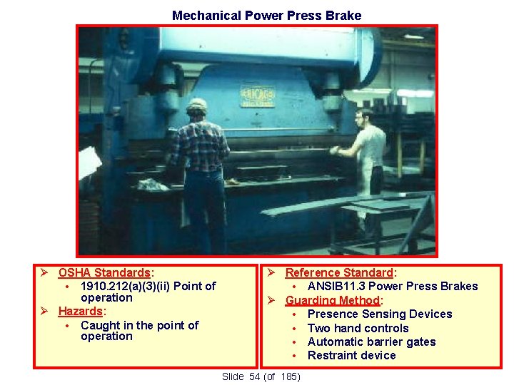 Mechanical Power Press Brake OSHA Standards: • 1910. 212(a)(3)(ii) Point of operation Hazards: •