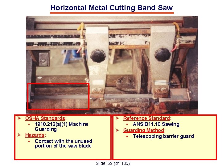 Horizontal Metal Cutting Band Saw OSHA Standards: • 1910. 212(a)(1) Machine Guarding Hazards: •