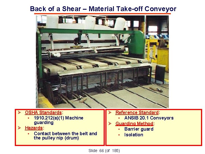 Back of a Shear – Material Take-off Conveyor OSHA Standards: • 1910. 212(a)(1) Machine