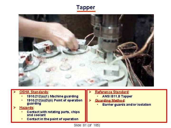 Tapper OSHA Standards: • • Reference Standard: 1910. 212(a)(1) Machine guarding 1910. 212(a)(3)(ii) Point