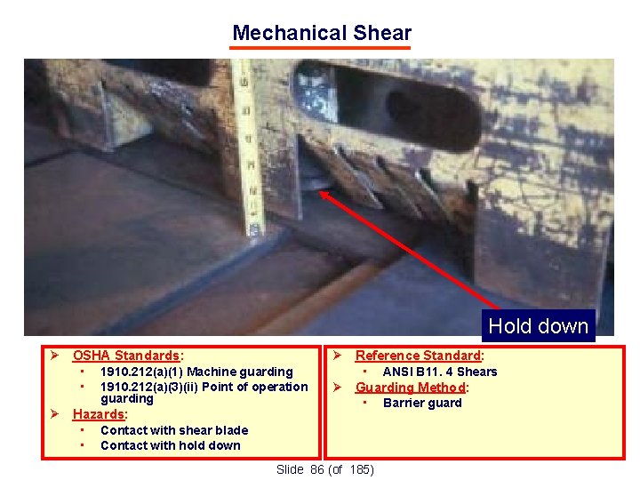 Mechanical Shear Hold down OSHA Standards: • • 1910. 212(a)(1) Machine guarding 1910. 212(a)(3)(ii)