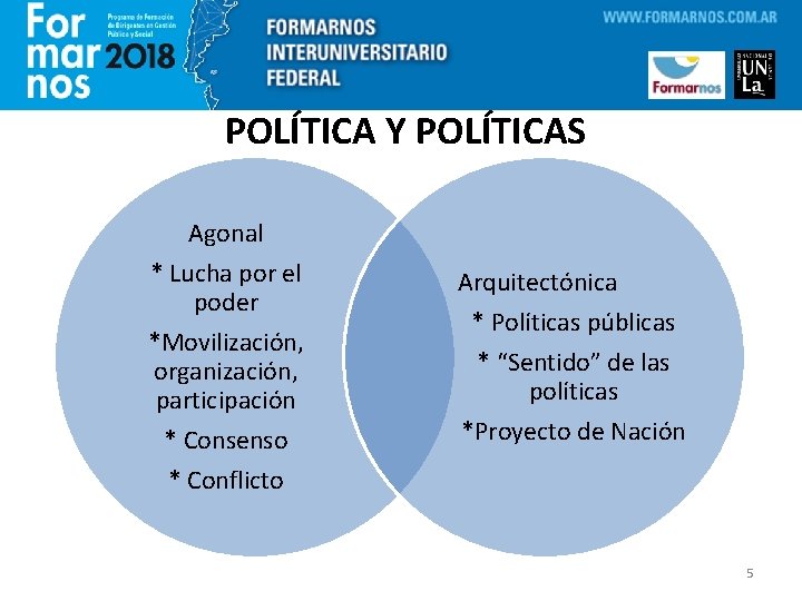 POLÍTICA Y POLÍTICAS Agonal * Lucha por el poder *Movilización, organización, participación * Consenso