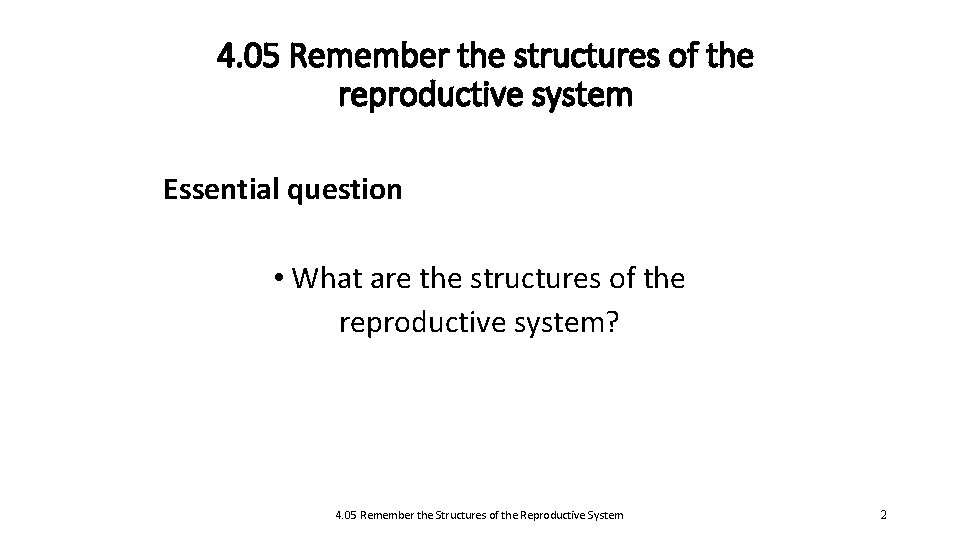 4. 05 Remember the structures of the reproductive system Essential question • What are
