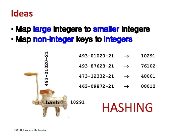 Ideas • Map large integers to smaller integers • Map non-integer keys to integers Ideas • Map large integers to smaller integers • Map non-integer keys to integers