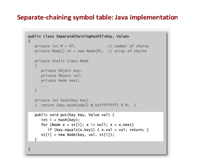 Separate-chaining symbol table: Java implementation Separate-chaining symbol table: Java implementation