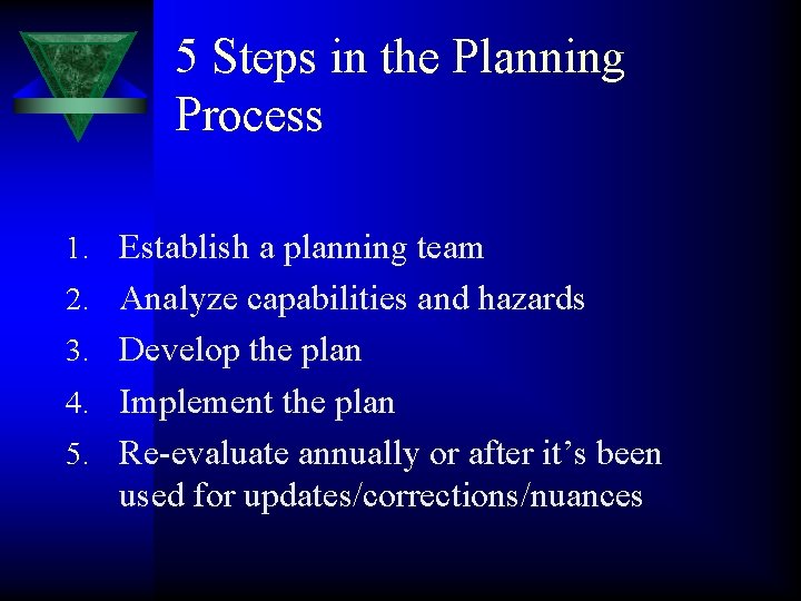 5 Steps in the Planning Process 1. Establish a planning team 2. Analyze capabilities