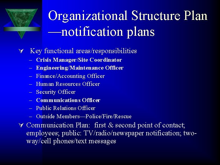 Organizational Structure Plan —notification plans Ú Key functional areas/responsibilities – – – – Crisis