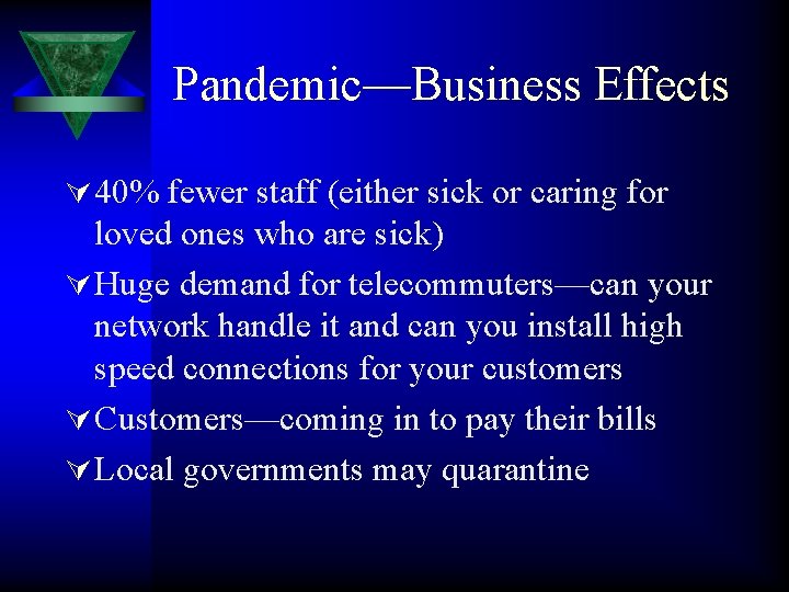 Pandemic—Business Effects Ú 40% fewer staff (either sick or caring for loved ones who