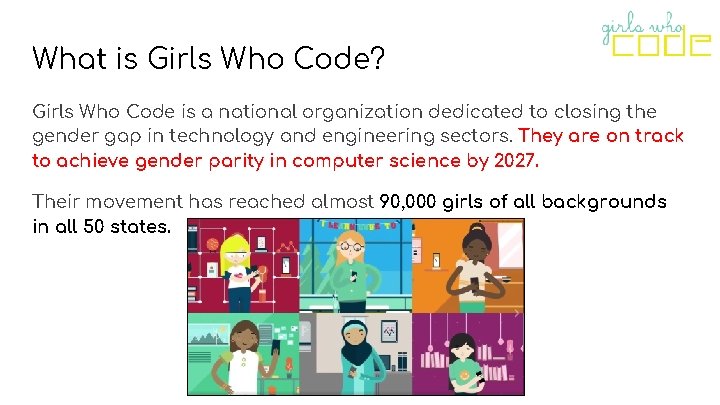 What is Girls Who Code? Girls Who Code is a national organization dedicated to