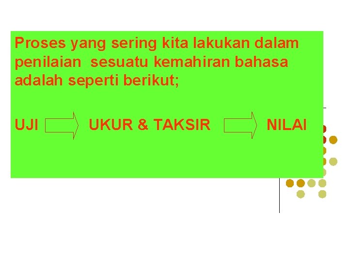 Proses yang sering kita lakukan dalam penilaian sesuatu kemahiran bahasa adalah seperti berikut; UJI