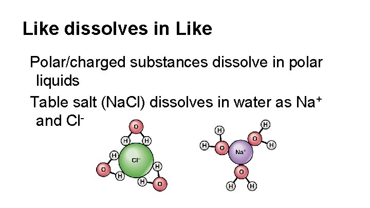 Like dissolves in Like Polar/charged substances dissolve in polar liquids Table salt (Na. Cl)