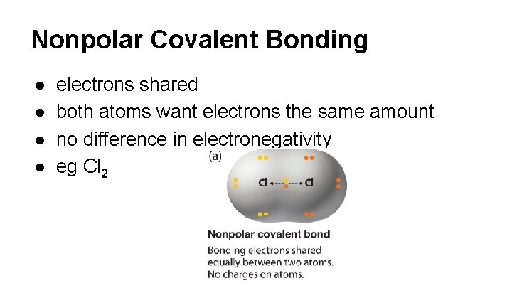Nonpolar Covalent Bonding ● ● electrons shared both atoms want electrons the same amount