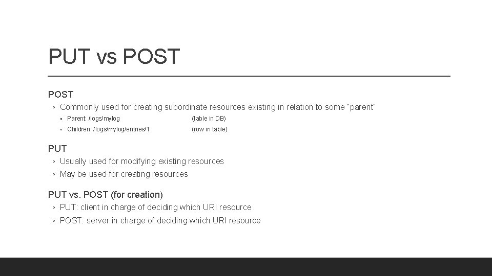 PUT vs POST ◦ Commonly used for creating subordinate resources existing in relation to