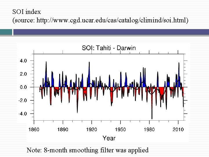 SOI index (source: http: //www. cgd. ucar. edu/cas/catalog/climind/soi. html) Note: 8 -month smoothing filter