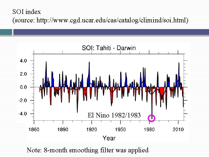 SOI index (source: http: //www. cgd. ucar. edu/cas/catalog/climind/soi. html) El Nino 1982/1983 Note: 8