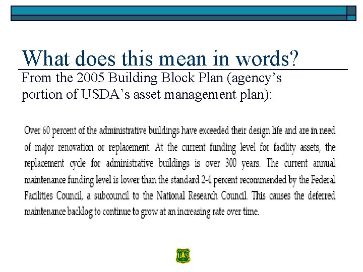 What does this mean in words? From the 2005 Building Block Plan (agency’s portion
