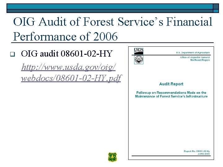OIG Audit of Forest Service’s Financial Performance of 2006 q OIG audit 08601 -02