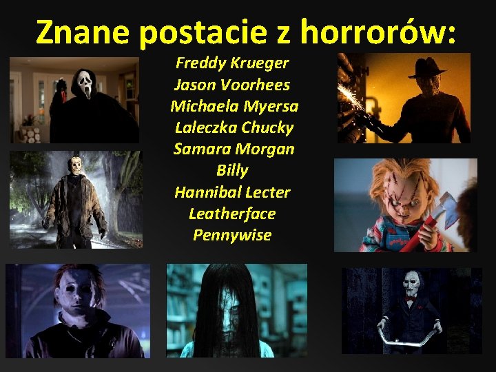 Znane postacie z horrorów: Freddy Krueger Jason Voorhees Michaela Myersa Laleczka Chucky Samara Morgan