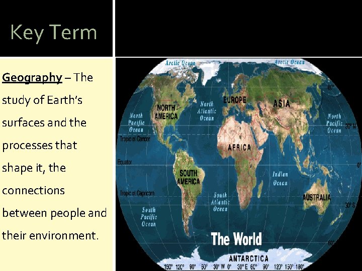 Key Term Geography – The study of Earth’s surfaces and the processes that shape