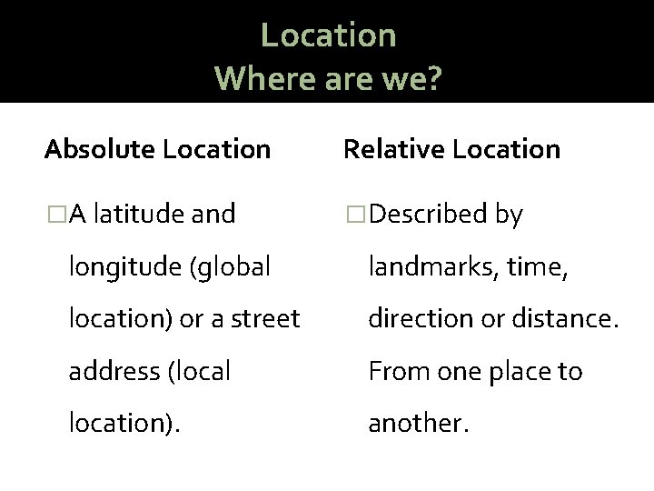 Location Where are we? Absolute Location Relative Location �A latitude and �Described by longitude