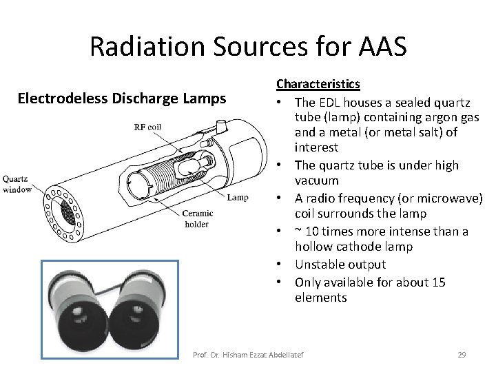 Radiation Sources for AAS Electrodeless Discharge Lamps Characteristics • The EDL houses a sealed