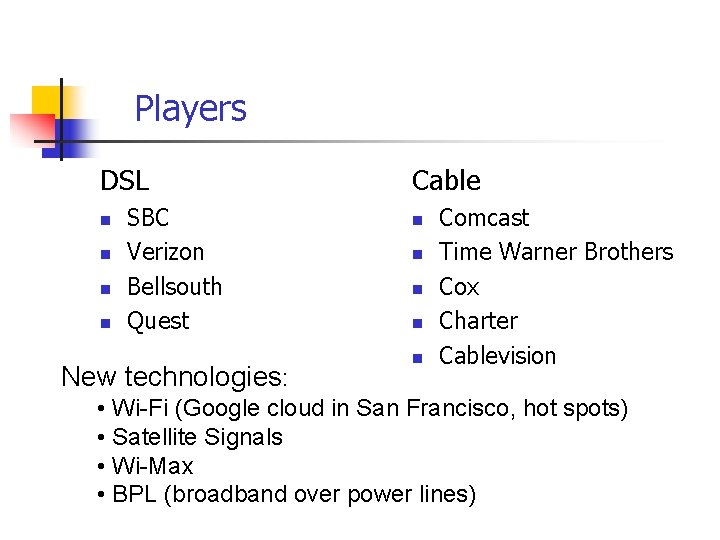 Players DSL n n SBC Verizon Bellsouth Quest New technologies: Cable n n n