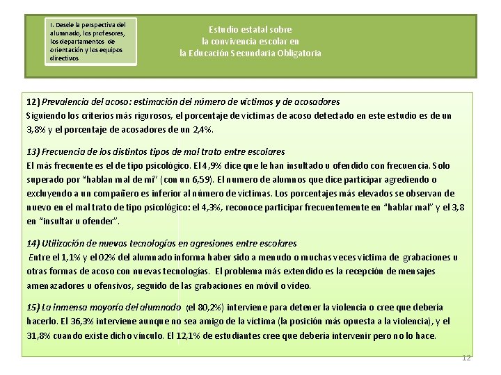 I. Desde la perspectiva del alumnado, los profesores, los departamentos de orientación y los