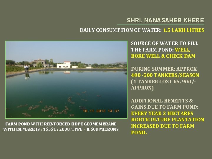 SHRI. NANASAHEB KHERE DAILY CONSUMPTION OF WATER: 1. 5 LAKH LITRES SOURCE OF WATER