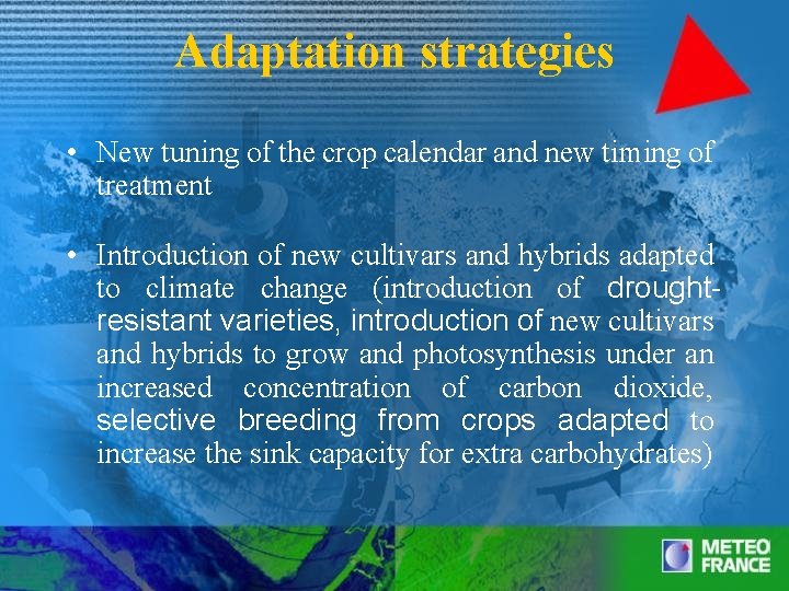Adaptation strategies • New tuning of the crop calendar and new timing of treatment