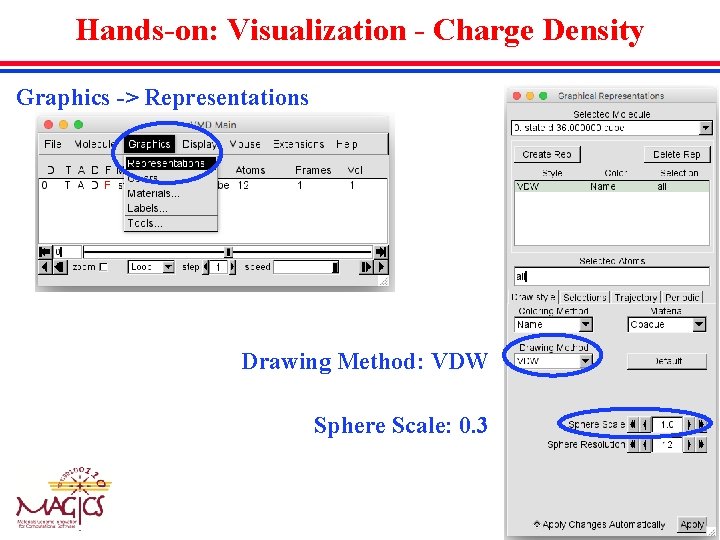 Hands-on: Visualization - Charge Density Graphics -> Representations Drawing Method: VDW Sphere Scale: 0.