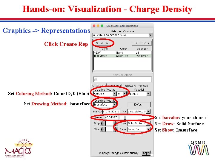 Hands-on: Visualization - Charge Density Graphics -> Representations Click Create Rep Set Coloring Method: