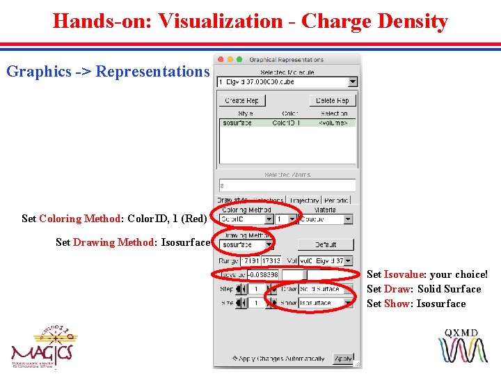 Hands-on: Visualization - Charge Density Graphics -> Representations Set Coloring Method: Color. ID, 1