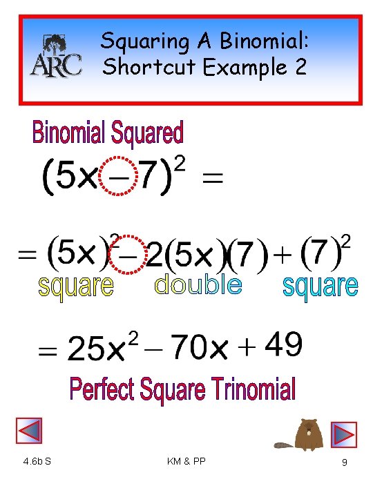 Squaring A Binomial: Shortcut Example 2 4. 6 b S KM & PP 9