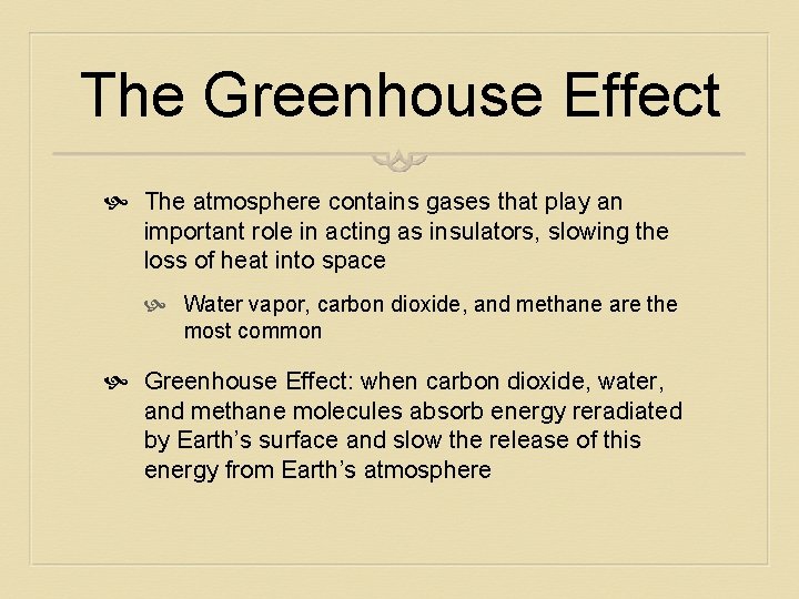 The Greenhouse Effect The atmosphere contains gases that play an important role in acting