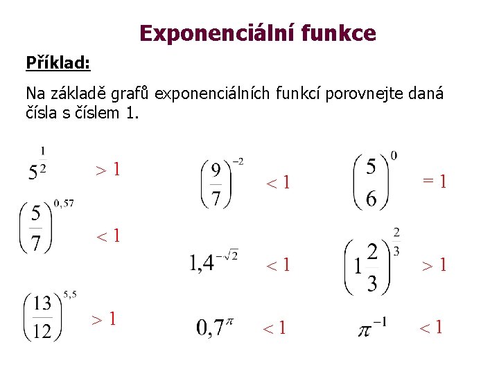 Exponenciální funkce Příklad: Na základě grafů exponenciálních funkcí porovnejte daná čísla s číslem 1.