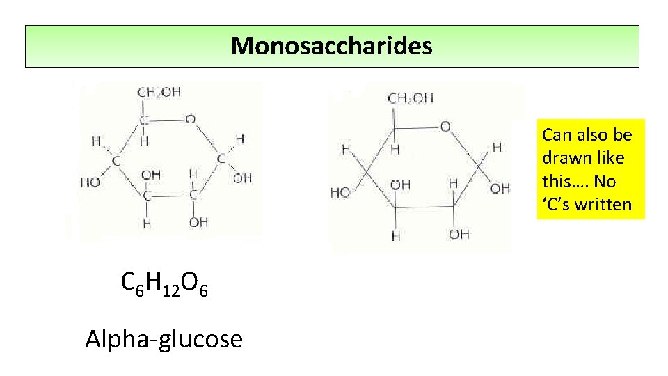 Monosaccharides Can also be drawn like this…. No ‘C’s written C 6 H 12
