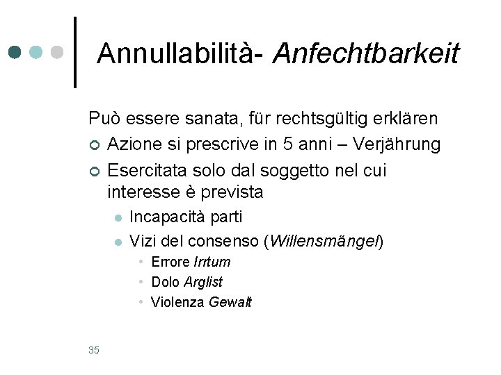 Annullabilità- Anfechtbarkeit Può essere sanata, für rechtsgültig erklären ¢ Azione si prescrive in 5 Annullabilità- Anfechtbarkeit Può essere sanata, für rechtsgültig erklären ¢ Azione si prescrive in 5