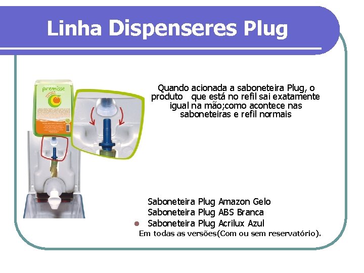 Linha Dispenseres Plug Quando acionada a saboneteira Plug, o produto que está no refil