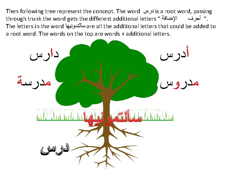 Then following tree represent the concept. The word ﺩﺭﺱ is a root word, passing