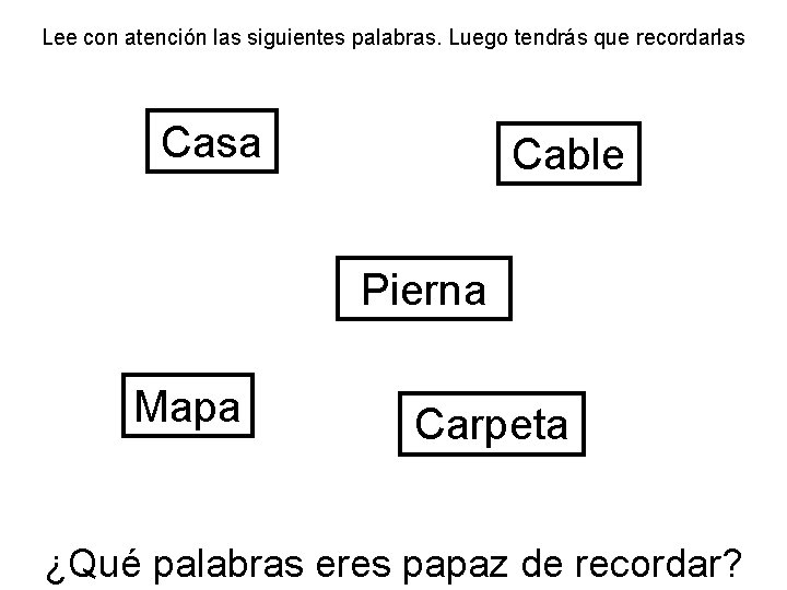 Lee con atención las siguientes palabras. Luego tendrás que recordarlas Casa Cable Pierna Mapa