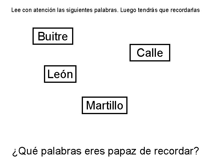 Lee con atención las siguientes palabras. Luego tendrás que recordarlas Buitre Calle León Martillo