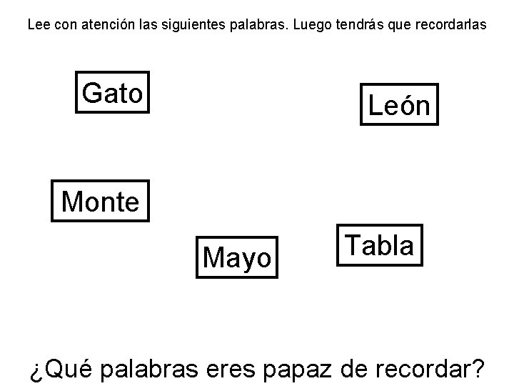 Lee con atención las siguientes palabras. Luego tendrás que recordarlas Gato León Monte Mayo