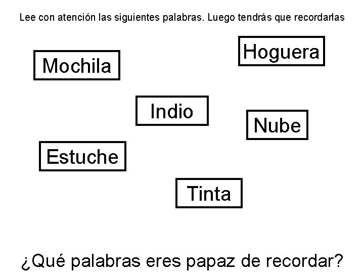 Lee con atención las siguientes palabras. Luego tendrás que recordarlas Hoguera Mochila Indio Nube