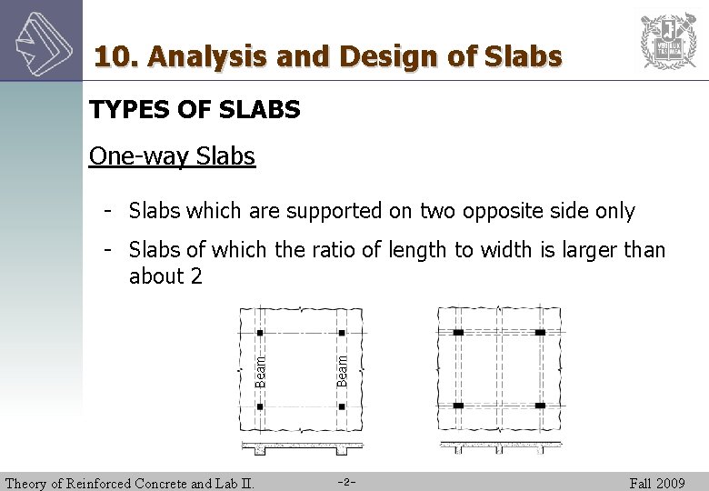 10. Analysis and Design of Slabs TYPES OF SLABS One-way Slabs - Slabs which