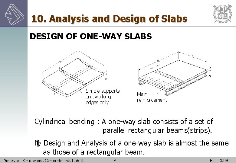 10. Analysis and Design of Slabs DESIGN OF ONE-WAY SLABS Simple supports on two