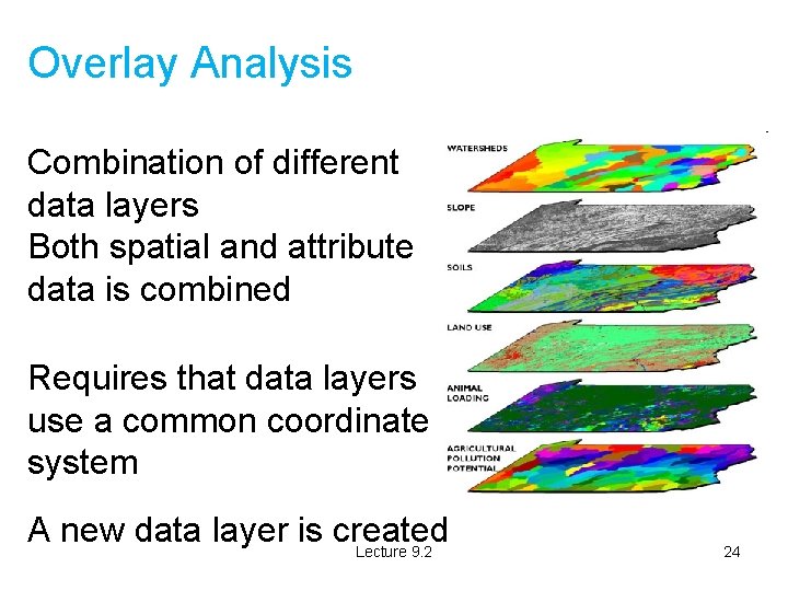 Overlay Analysis Combination of different data layers Both spatial and attribute data is combined