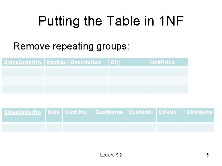 Putting the Table in 1 NF Remove repeating groups: Sales. Order. No. Item. No.