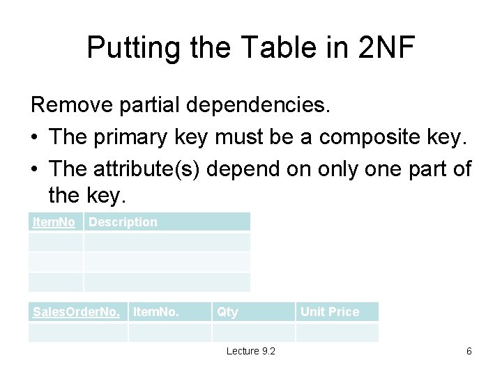 Putting the Table in 2 NF Remove partial dependencies. • The primary key must